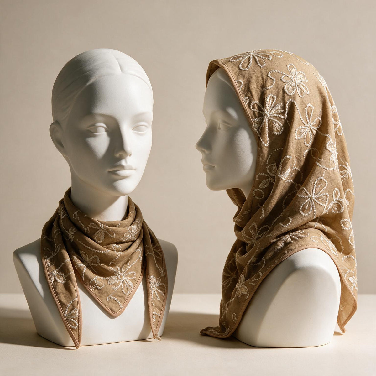 Khaki triangle headscarf with white floral embroidery and sequin centers