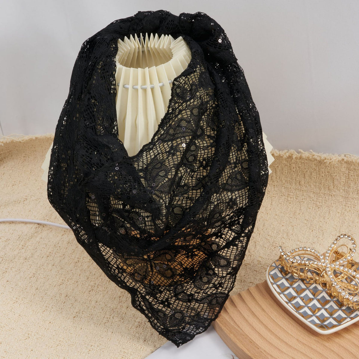 Lace triangle headscarf scattered with round sequins