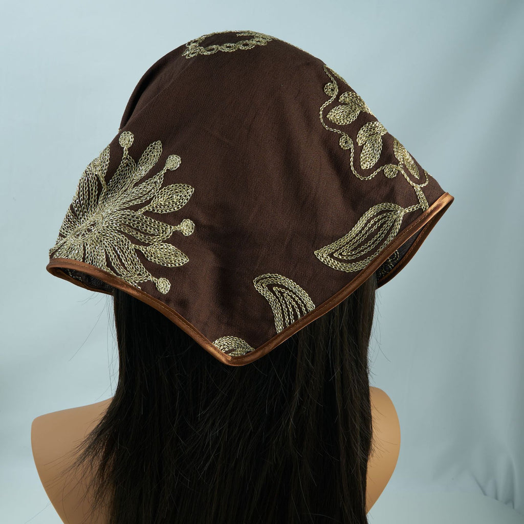 Dark brown triangle headscarf with gold floral embroidery and satin edge