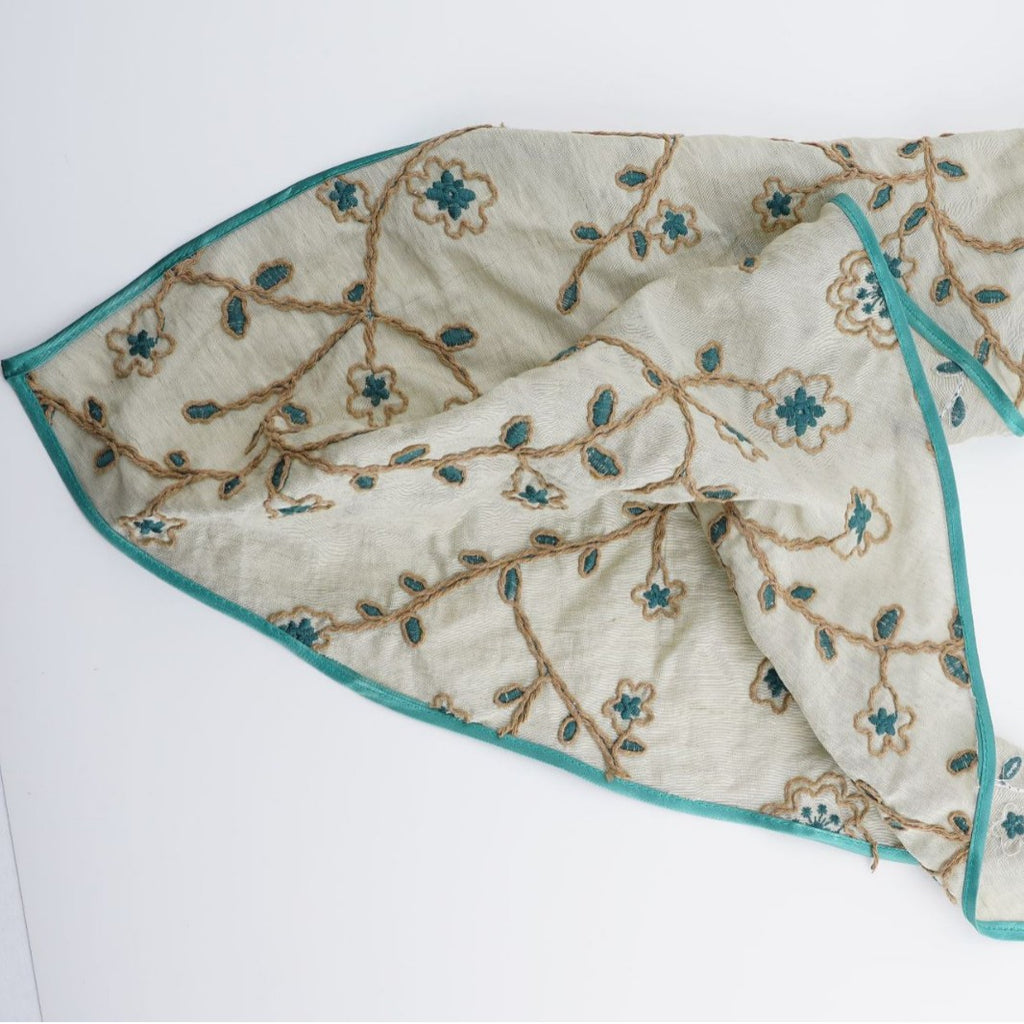 Sage triangle headscarf with teal floral vines and a green satin edge