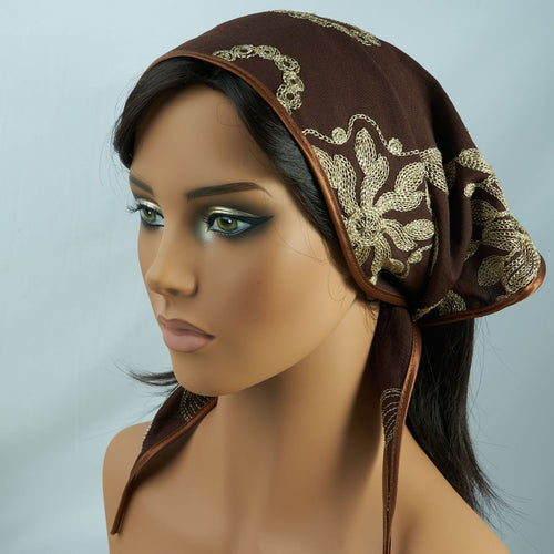 Dark brown triangle headscarf with gold floral embroidery and satin edge