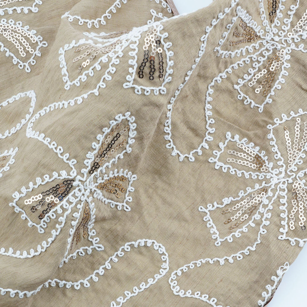 Khaki triangle headscarf with white floral embroidery and sequin centers