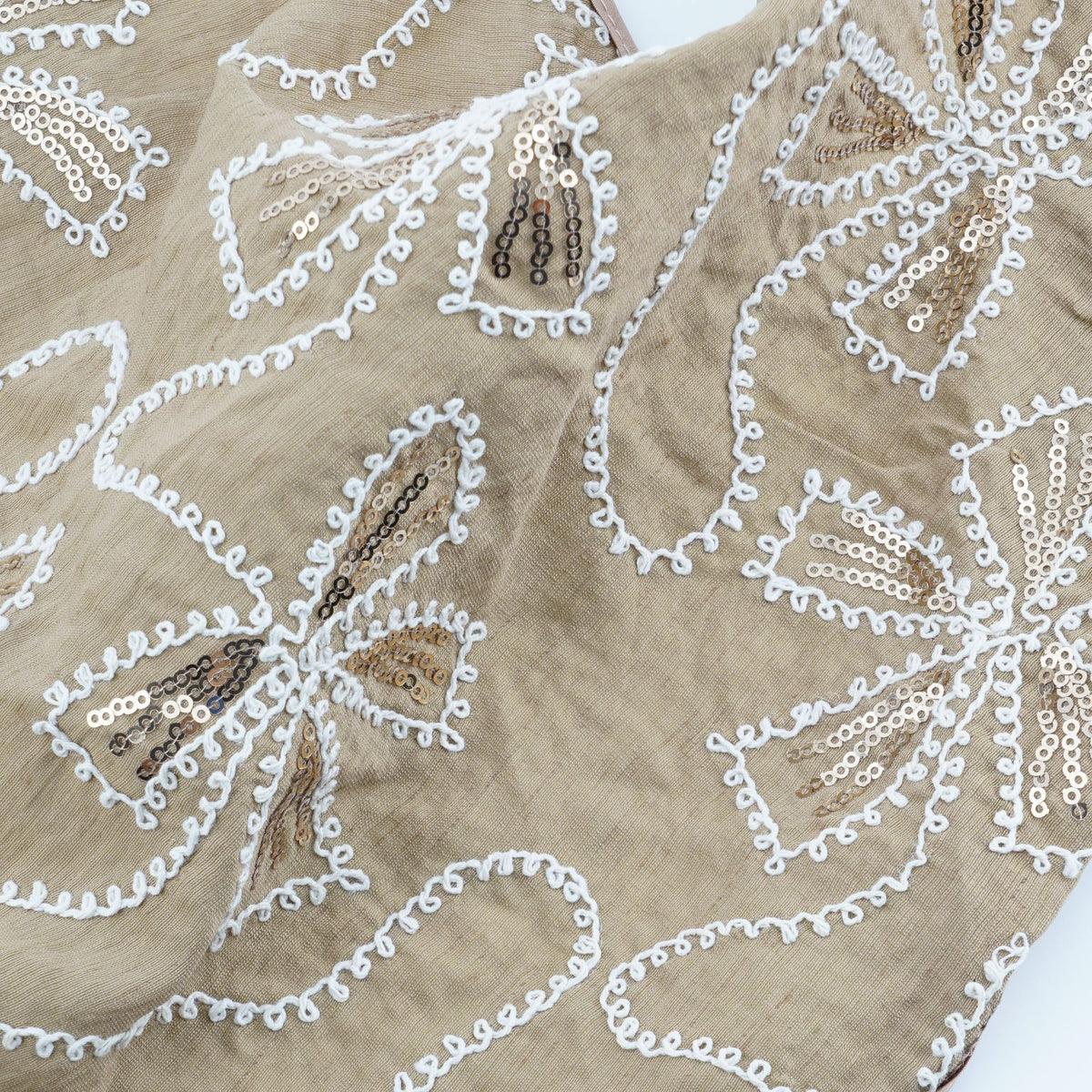 Khaki triangle headscarf with white floral embroidery and sequin centers