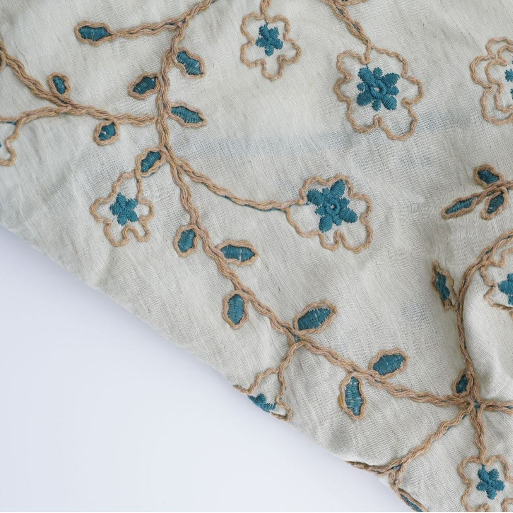 Sage triangle headscarf with teal floral vines and a green satin edge