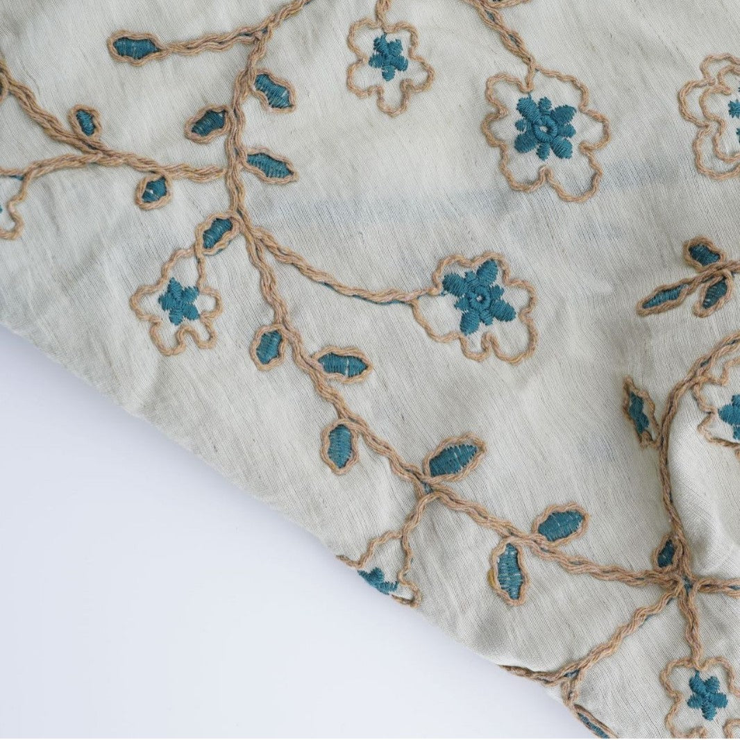 Sage triangle headscarf with teal floral vines and a green satin edge