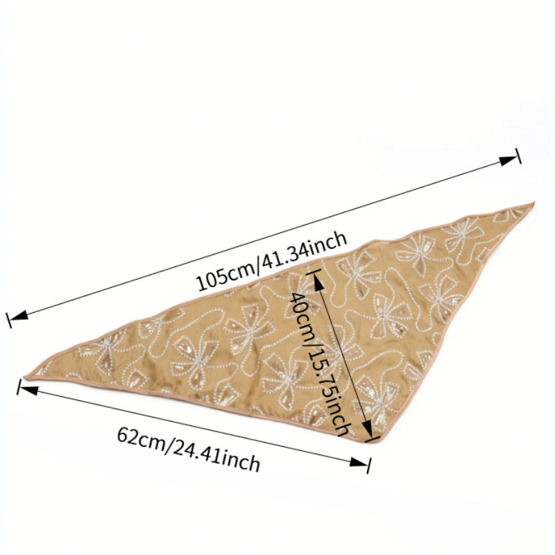 Khaki triangle headscarf with white floral embroidery and sequin centers