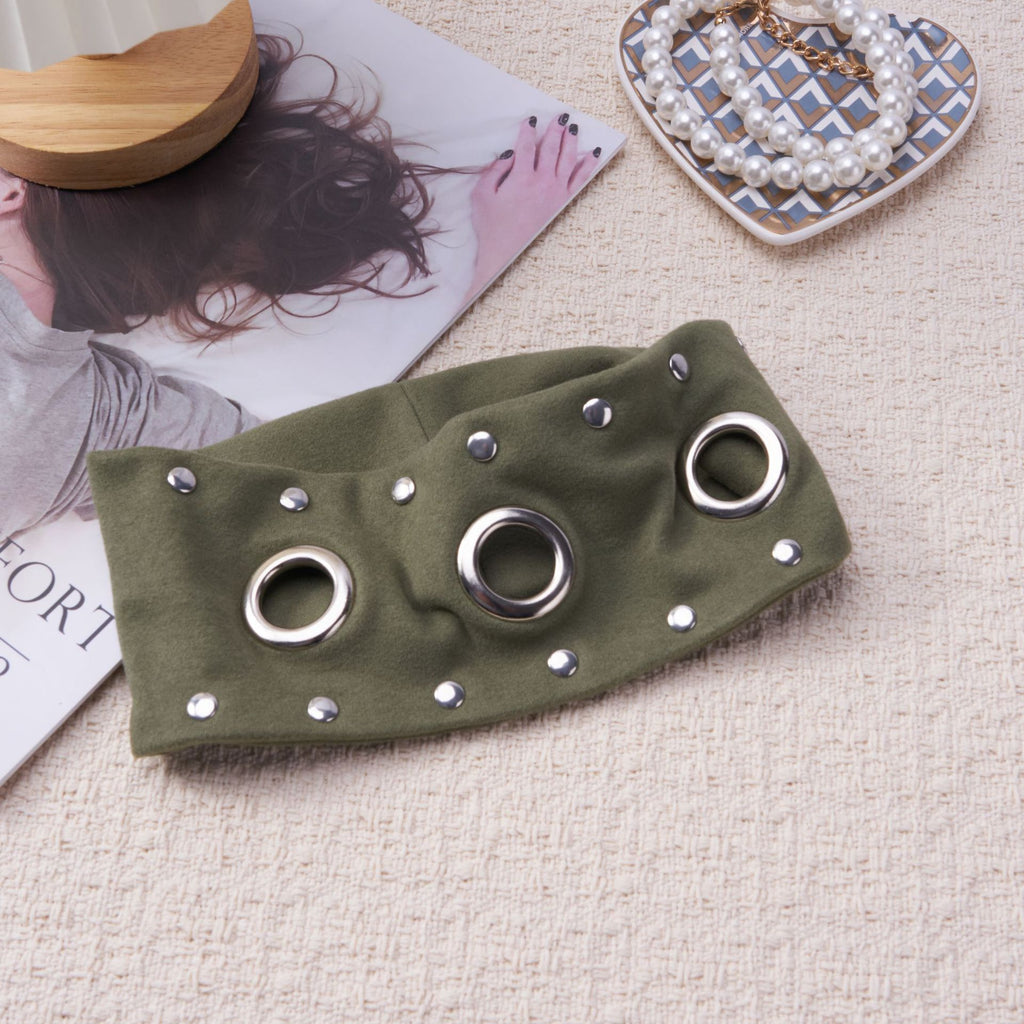 Olive and brown stretch headbands with silver grommets and studs
