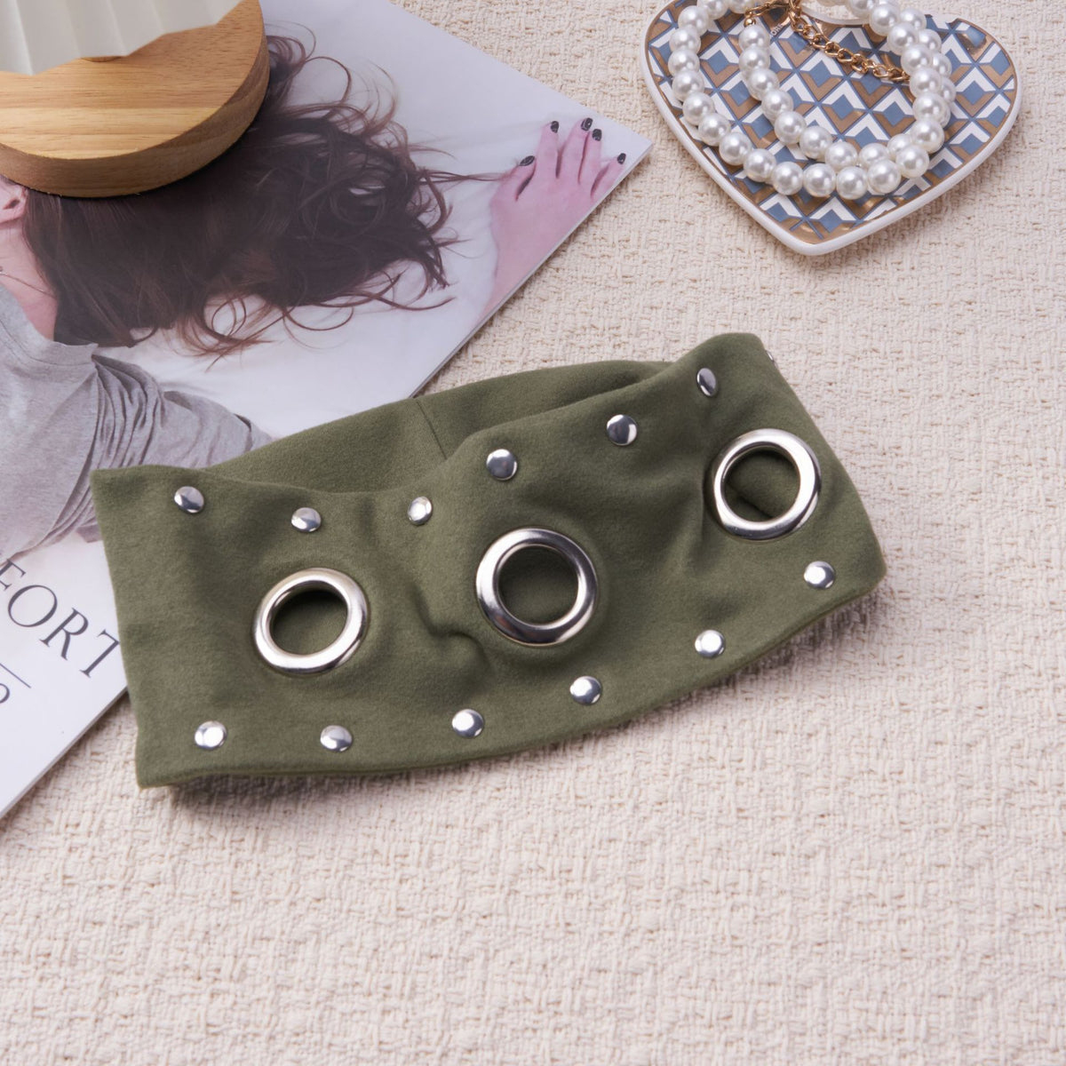 Olive and brown stretch headbands with silver grommets and studs