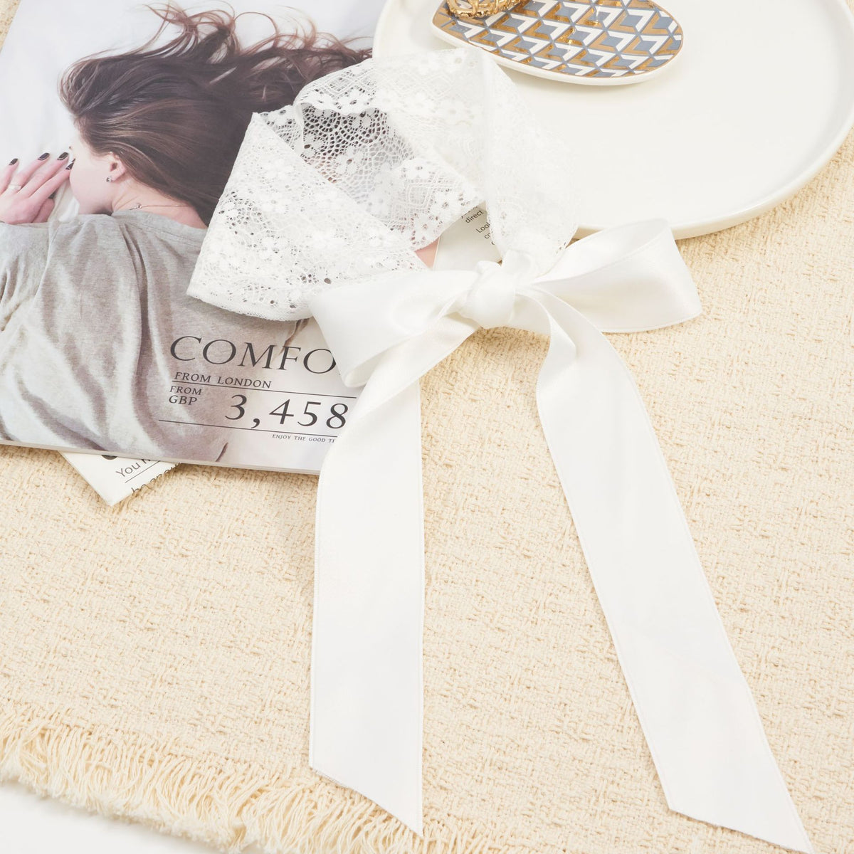 Floral lace headband with long satin ribbon ties