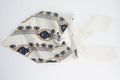 Ivory triangle headscarf with navy geometric embroidery and fabric ties