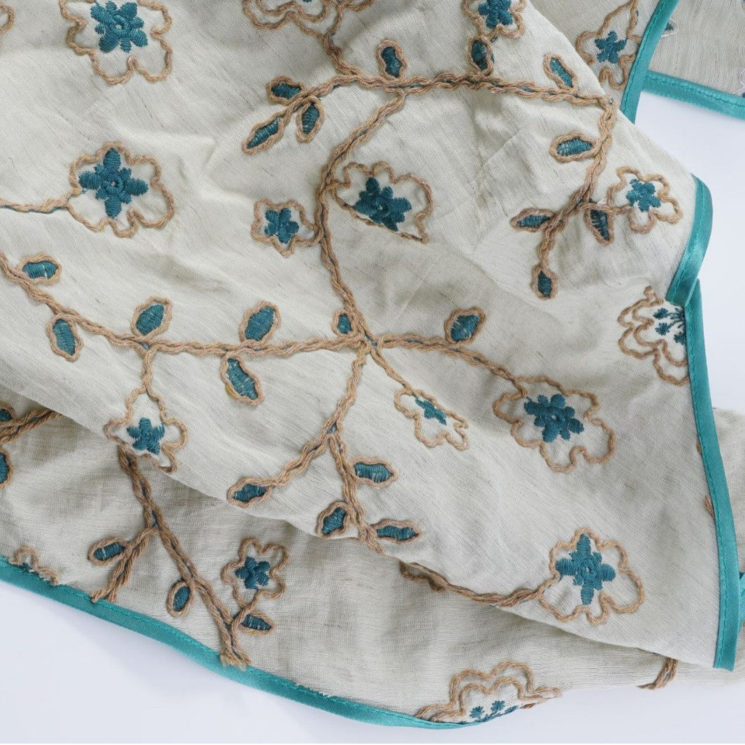 Sage triangle headscarf with teal floral vines and a green satin edge