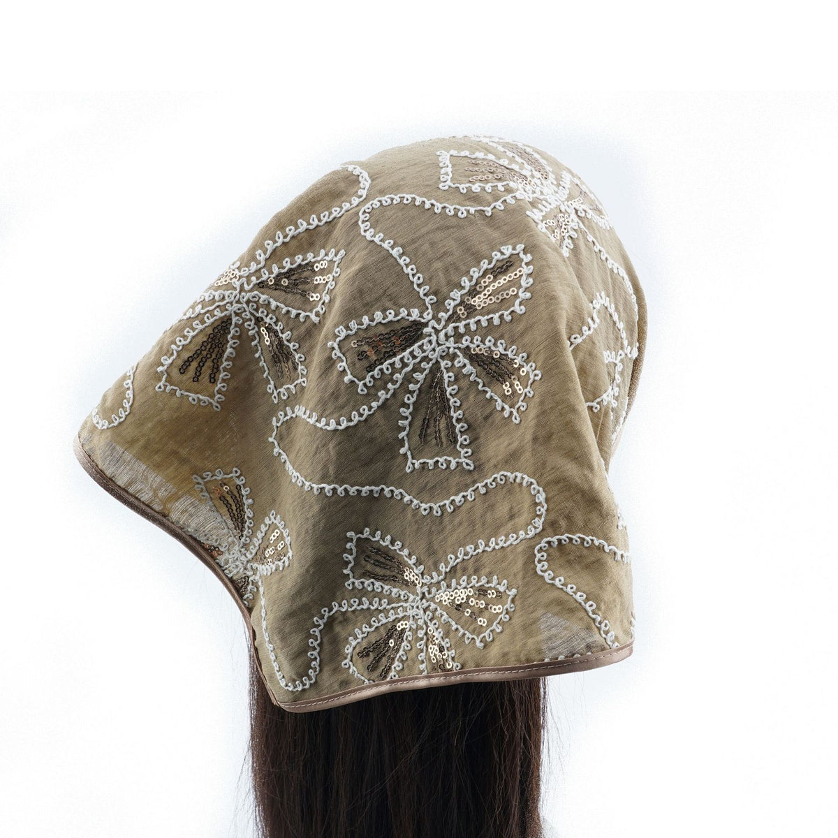 Khaki triangle headscarf with white floral embroidery and sequin centers