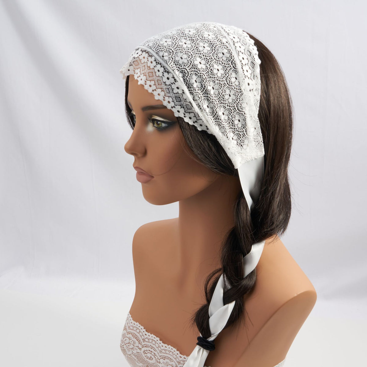 Floral lace headband with long satin ribbon ties