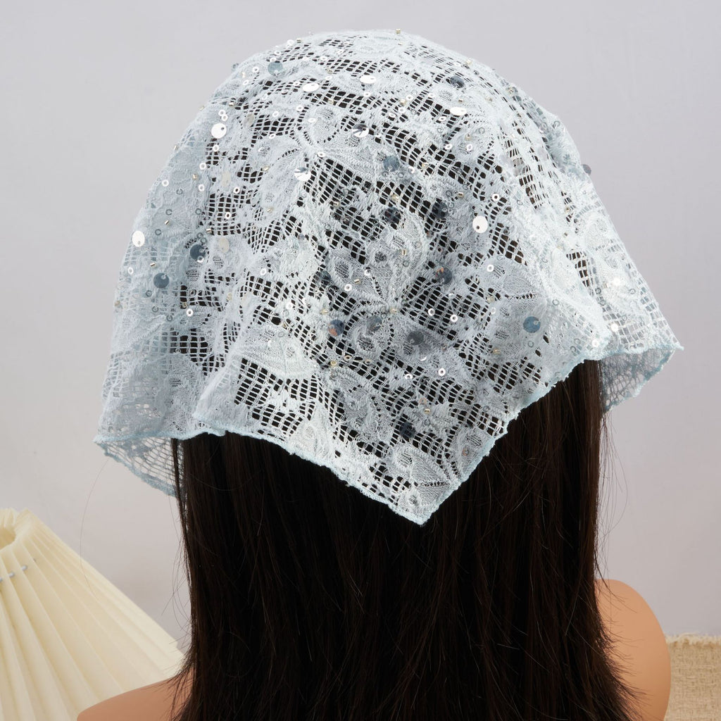Lace triangle headscarf scattered with round sequins