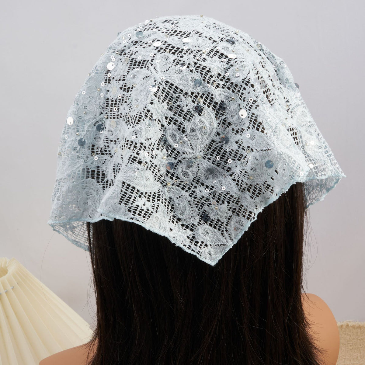 Lace triangle headscarf scattered with round sequins