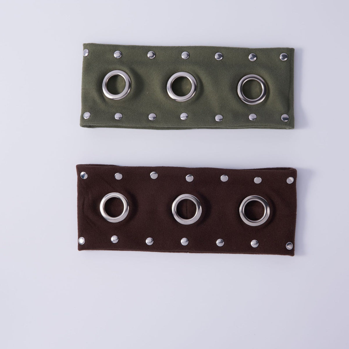 Olive and brown stretch headbands with silver grommets and studs