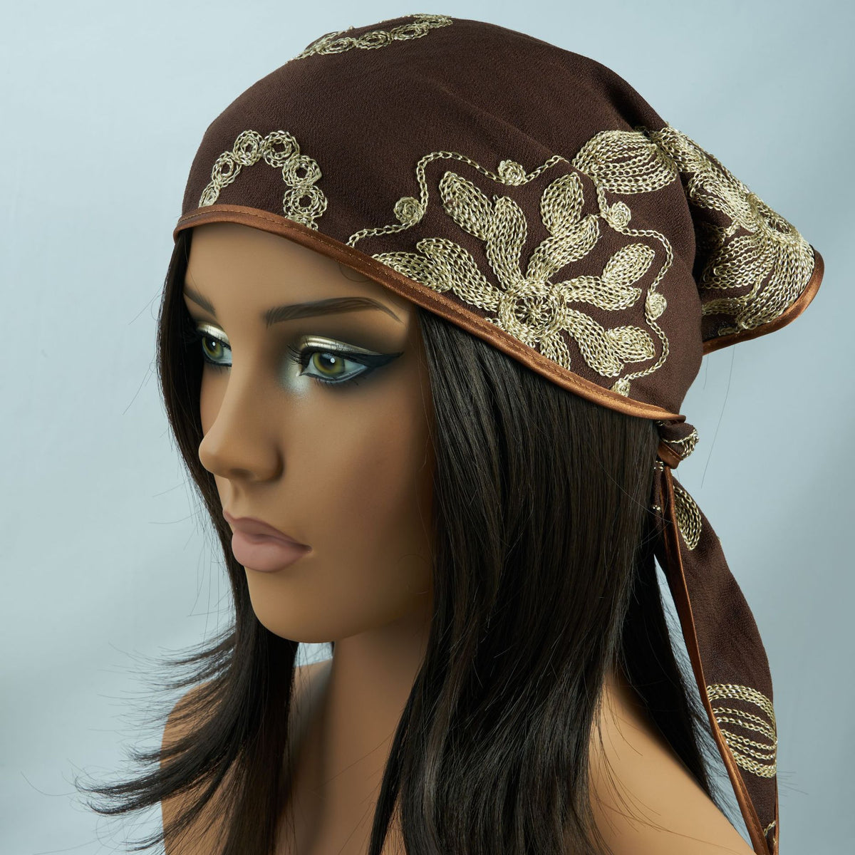 Dark brown triangle headscarf with gold floral embroidery and satin edge