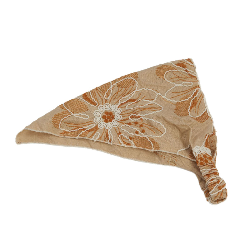 Camel triangle headscarf with rust floral embroidery and a gathered elastic back
