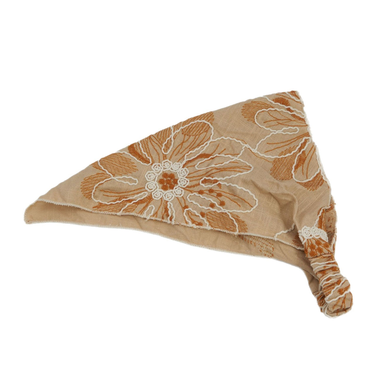 Camel triangle headscarf with rust floral embroidery and a gathered elastic back