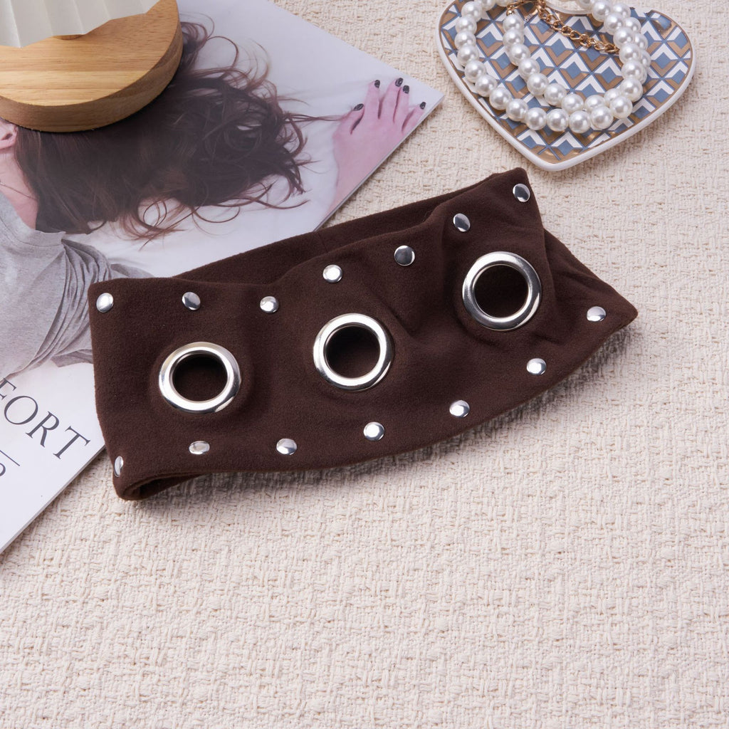 Olive and brown stretch headbands with silver grommets and studs