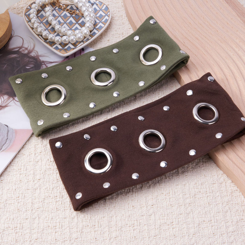 Olive and brown stretch headbands with silver grommets and studs