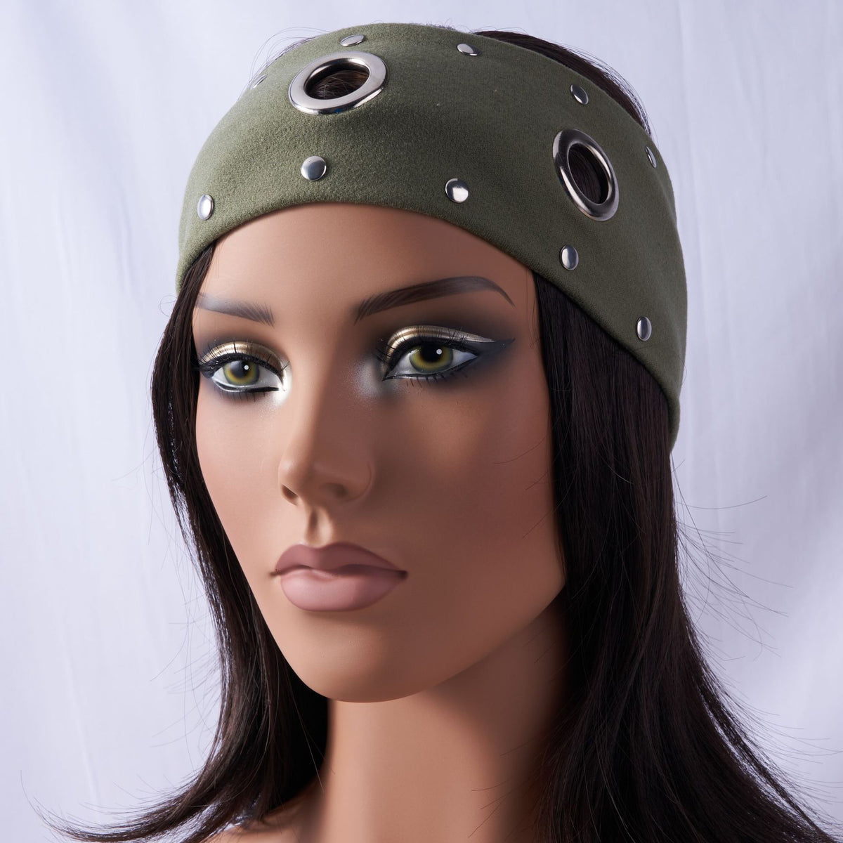 Olive and brown stretch headbands with silver grommets and studs