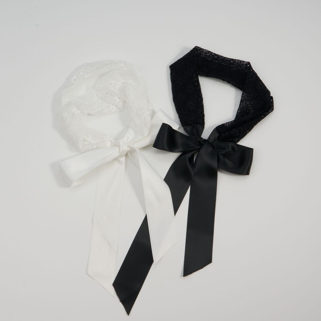 Floral lace headband with long satin ribbon ties