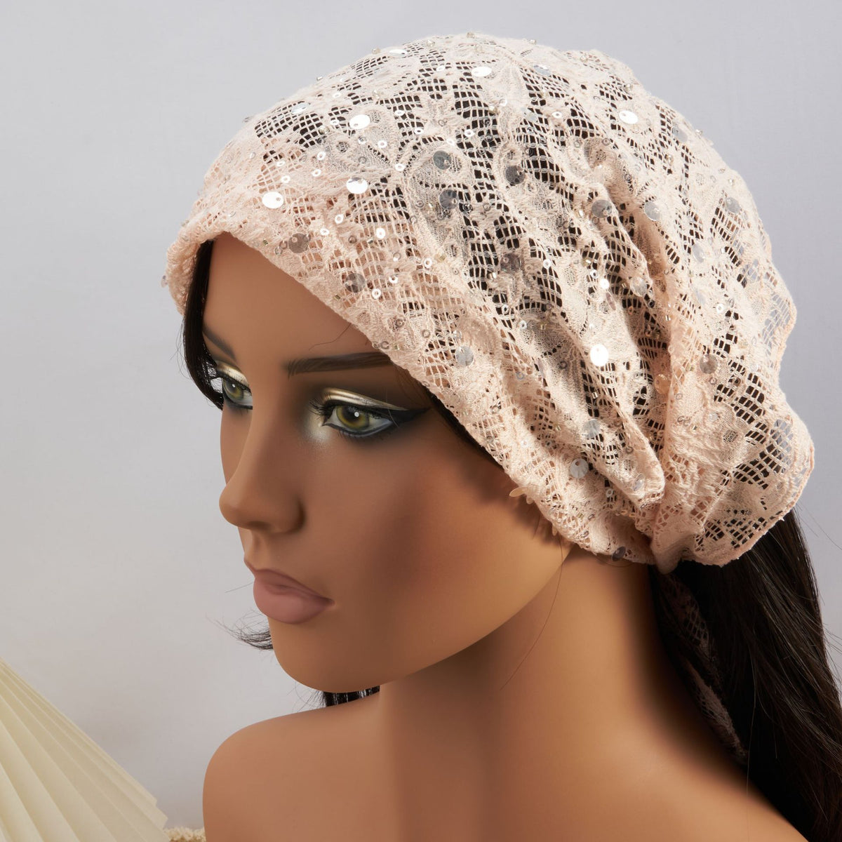 Lace triangle headscarf scattered with round sequins