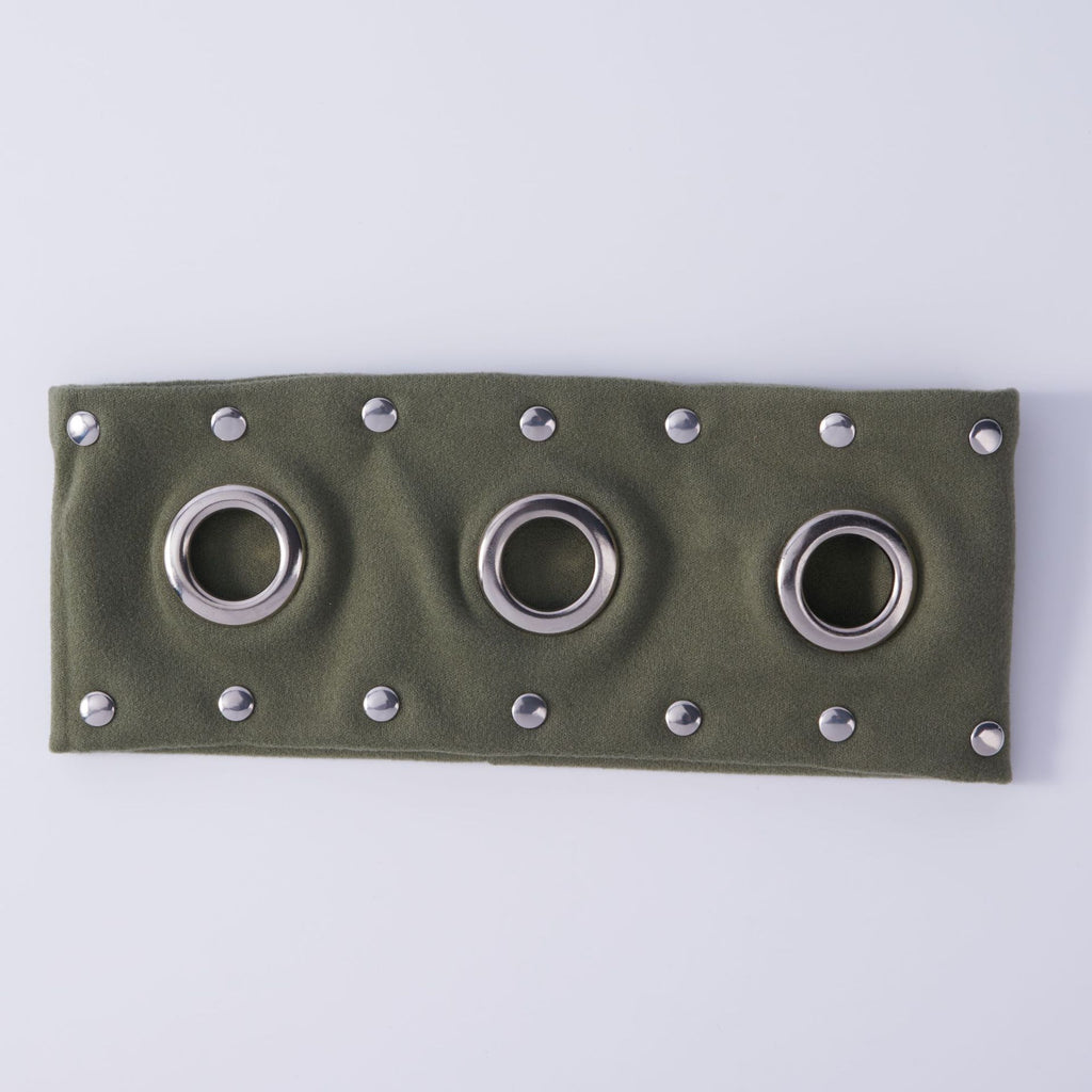 Olive and brown stretch headbands with silver grommets and studs