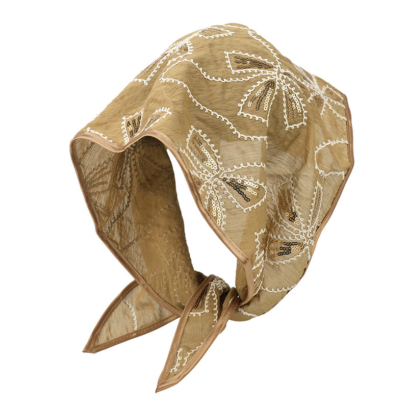 Khaki triangle headscarf with white floral embroidery and sequin centers